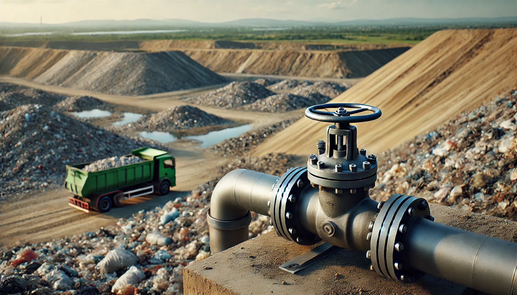 DALL·E 2024-12-30 03.50.29 - A realistic depiction of a landfill methane capture system with a focus on a pipe in the foreground without any valve. The background shows a large la