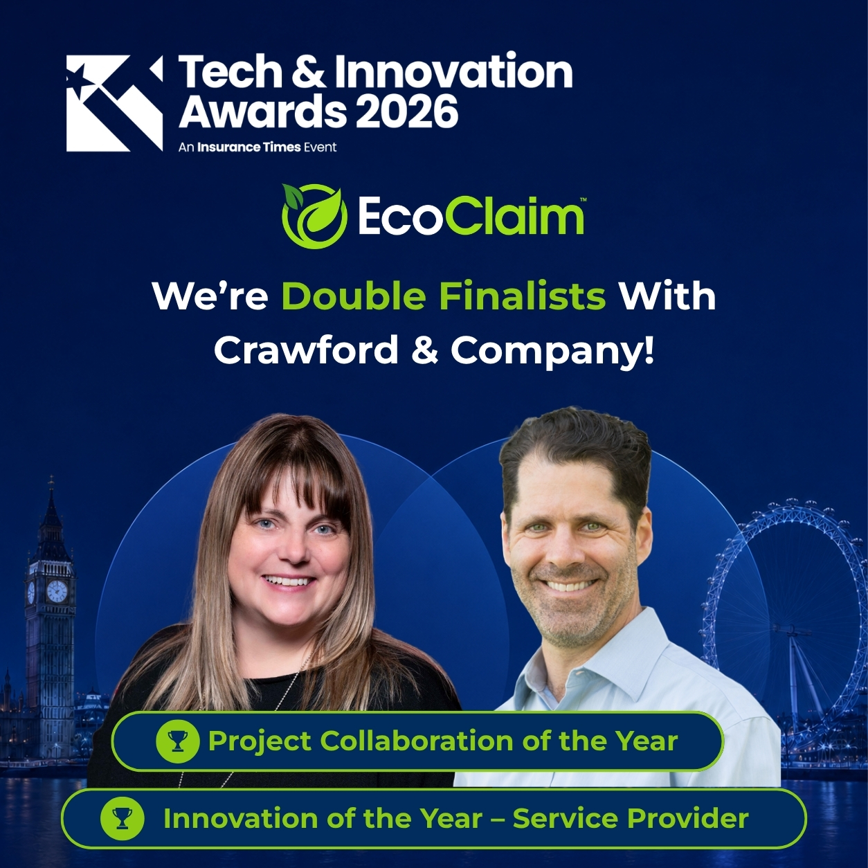 EcoClaim CEO Jodi Scarlett and CTO Tom Herman, finalists at the 2026 Insurance Times Tech & Innovation Awards.