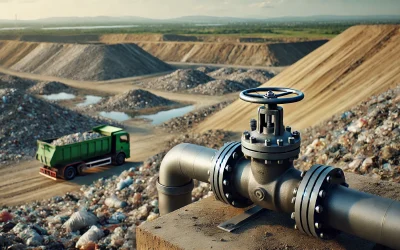 DALL·E 2024-12-30 03.50.29 – A realistic depiction of a landfill methane capture system with a focus on a pipe in the foreground without any valve. The background shows a large la DALL-E 2024-12-30 03.50.29 - Représentation réaliste d'un système de captage du méthane d'une décharge, avec au premier plan un tuyau sans vanne. L'arrière-plan montre une grande la
